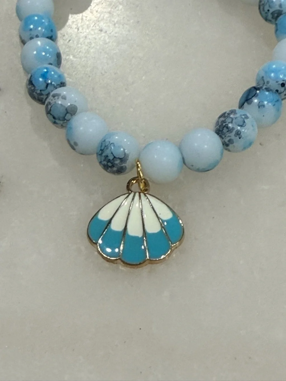 Sea Breeze Blue Beaded Shell Charm Bracelet Coastal Minimalist